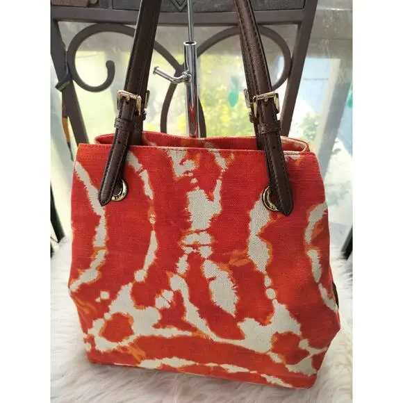 5207) Michael Kors Jet Set Tie Die Persimmon Orange Canvas Tote Leather Handle - Picture 4 of 9